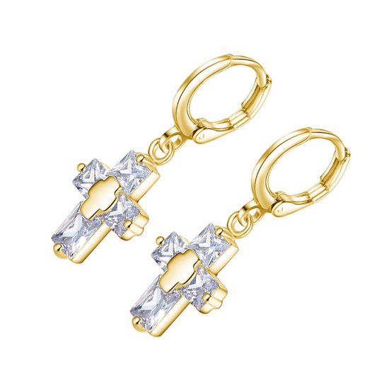 Lumici® | Boucles d'oreilles Croix Sacrée en Cristal - Petites Croix - Pierres - Boucles d'oreilles - Earrings - Cadeau Saint-Valentin - Croix Sacrée - Jésus - Zirconia - Or