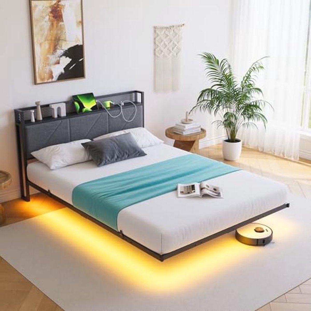 Schuifbedframe 120 x 200 cm met LED-lampen en USB-oplaadstation