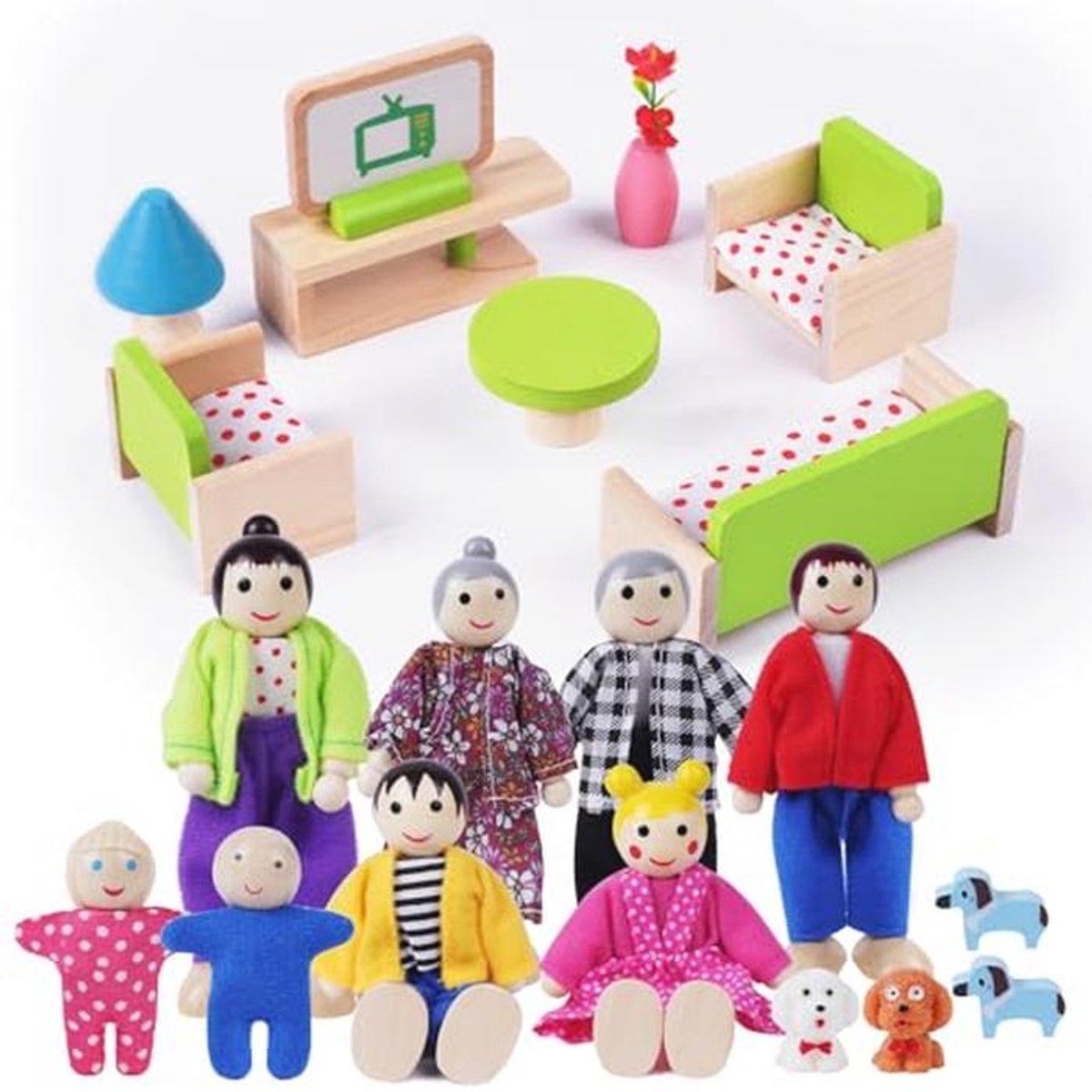 Houten Poppenhuis Meubels Set met 8 Familiepoppen en 4 Honden voor Kinderen