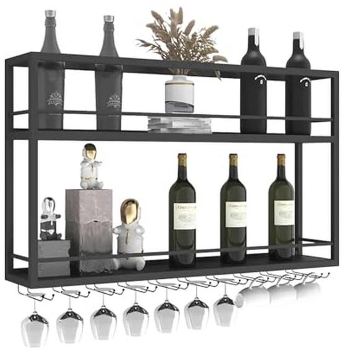 DSVONAUS Industrieel wijnrek met glazen houder, zwart metalen flessenhouder, multifunctioneel wijnrek, 2-traps voor thuis, bar, eetkamer, keuken, keuken, keuken (80 x 20 x 65 cm)