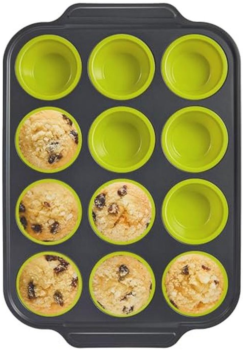 Siliconen Muffinvorm met Metalen Frame 12 Normale Grootte Cupcakevormen Antiaanbaklaag
