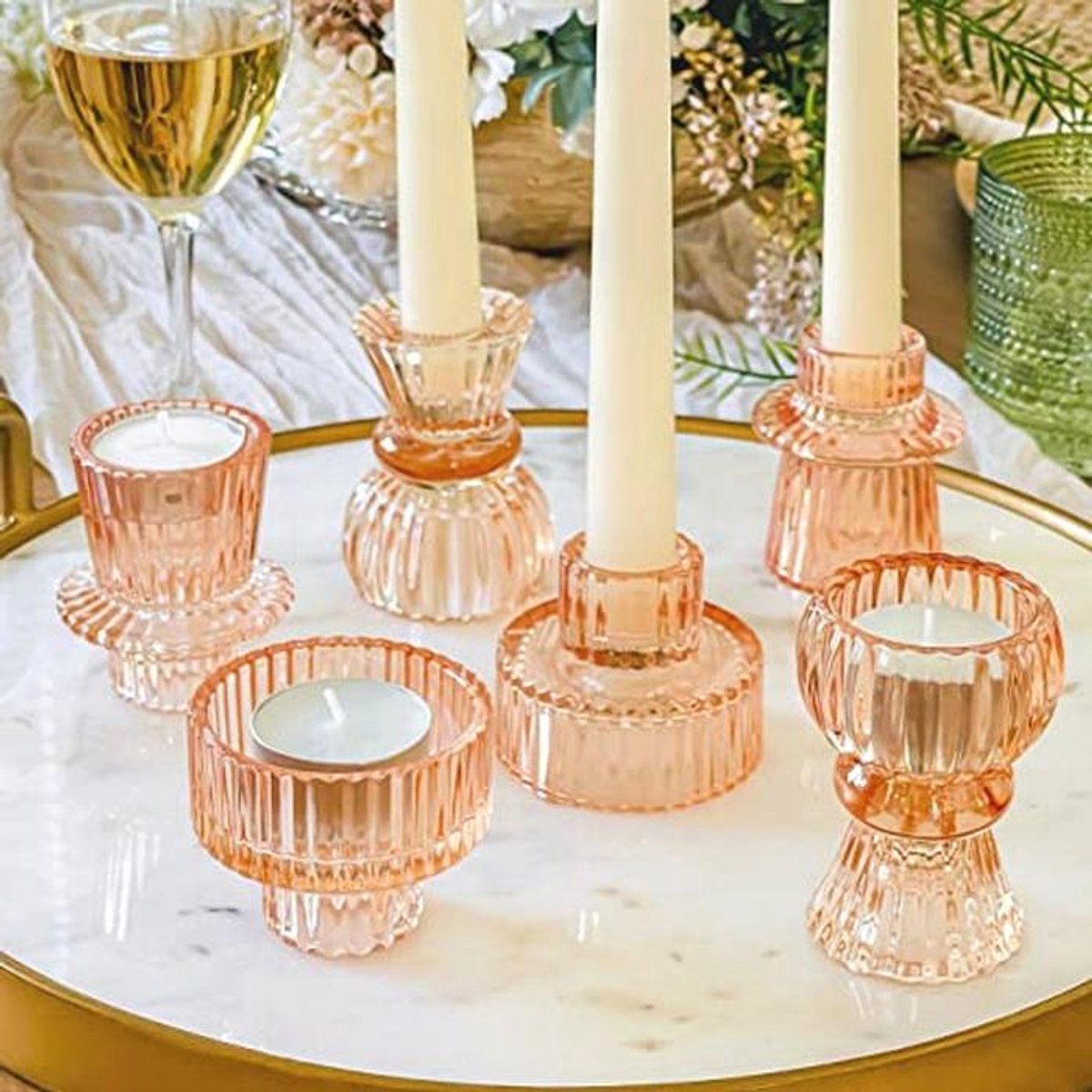 Vintage Geribbelde Roze Gouden Kandelaar Houders Set van 6 - Multifunctionele Decoratie vo