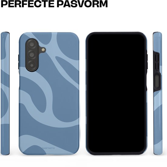 Telefoonhoes met abstract patroon in blauw, van voren, zijkanten en achterkant.