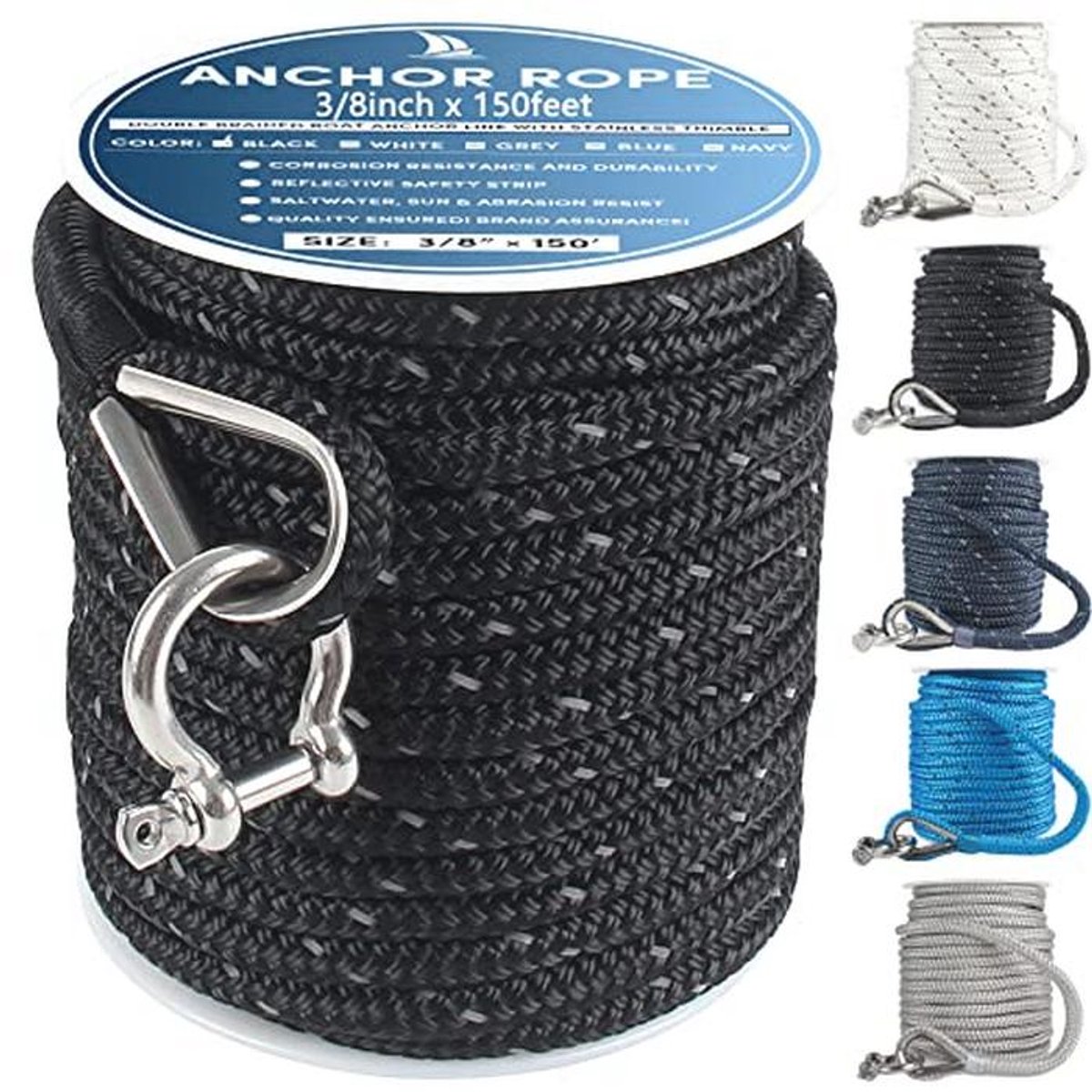 Dubbel Gevlochten Nylon Ankertouw 45,7 m - Bootankertouw met Reflecterende Strip en Vingerhoed