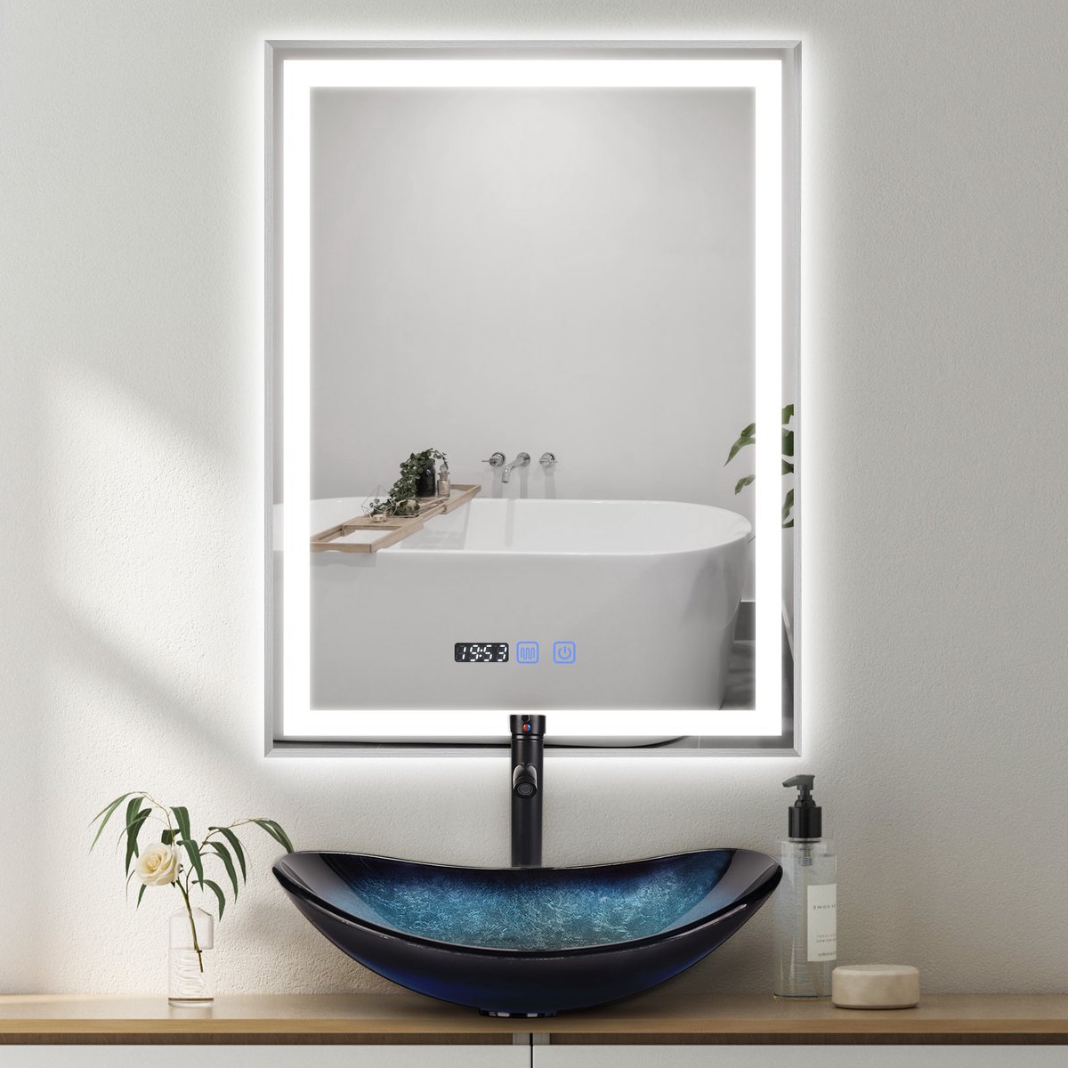 Puluomis Badkamerspiegel - 50x70cm - Rechthoekig Zilver Metalen Frame - LED-verlichting - Tijd- en Temperatuurweergave - Ontwaseming