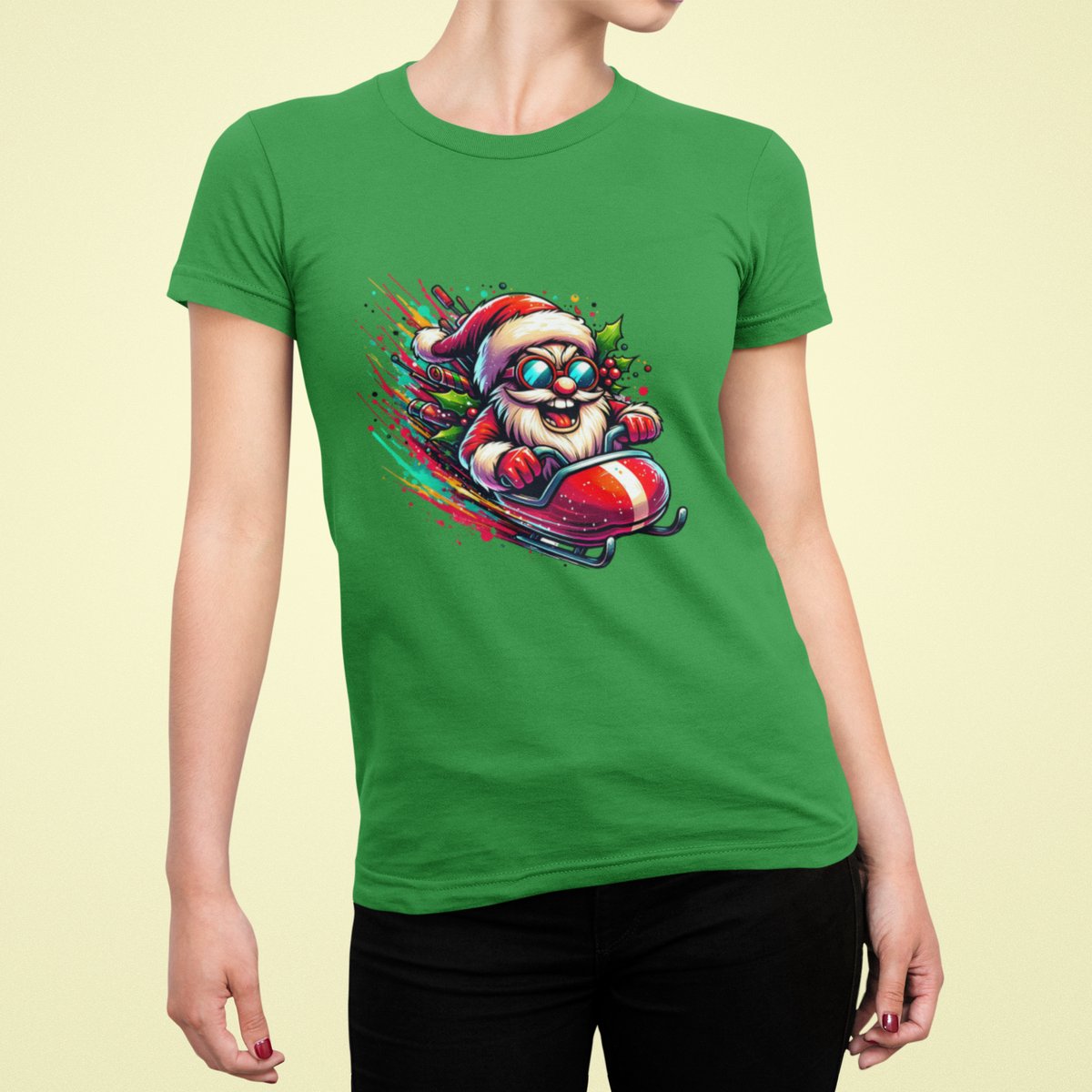 Turbo Santa - T-shirt Vrouw - T-shirt Groen - Kerst T-shirt - Maat L - Kerst Cadeau Vrouwen - Limited Edition