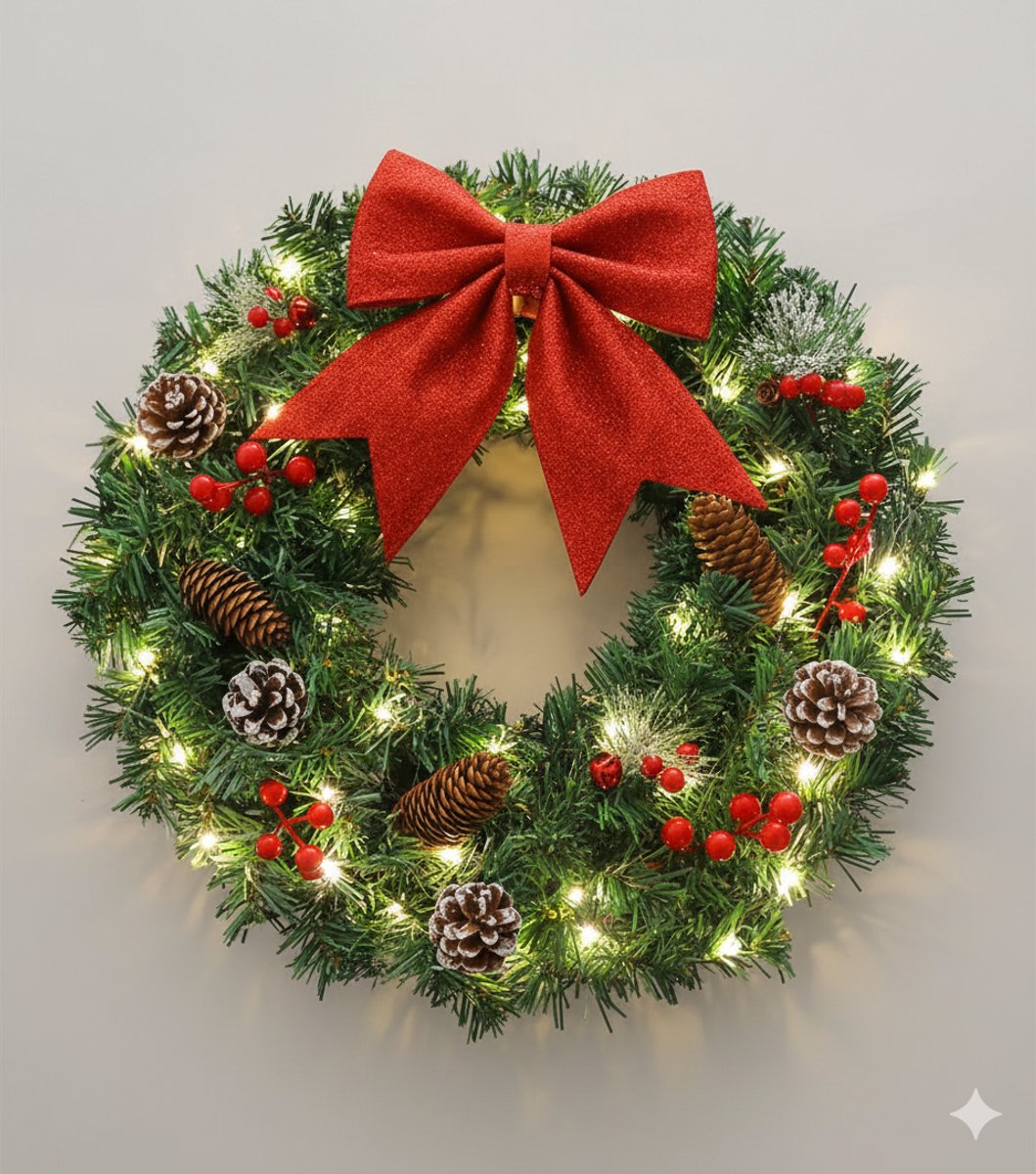 Modeva Store - Luxe Kerstkrans met LED Verlichting - 50cm- Grote Rode Glitter Strik & Dennenappels