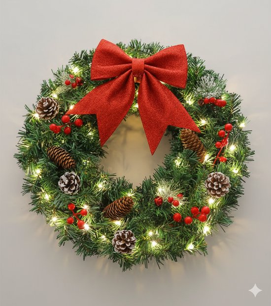 Groene kerstkrans met grote rode glitterstrik, dennenappels, bessen en LED-lampjes.