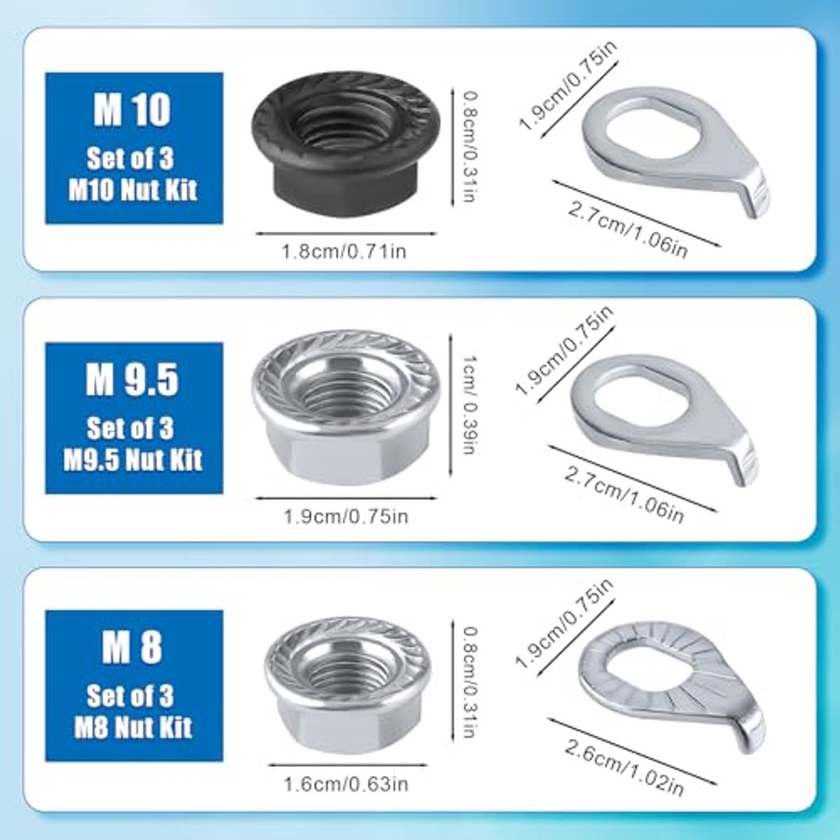 18pcs Bicycle Wheel Axle Nut and Bicycle Hub Safety Ring Set, M8 M9.5 M10 Bicycle Hub Flanged Axle Nut Bicycle Parts for Mountain Bike Front and Rear Wheel Axle thumbnail 5
