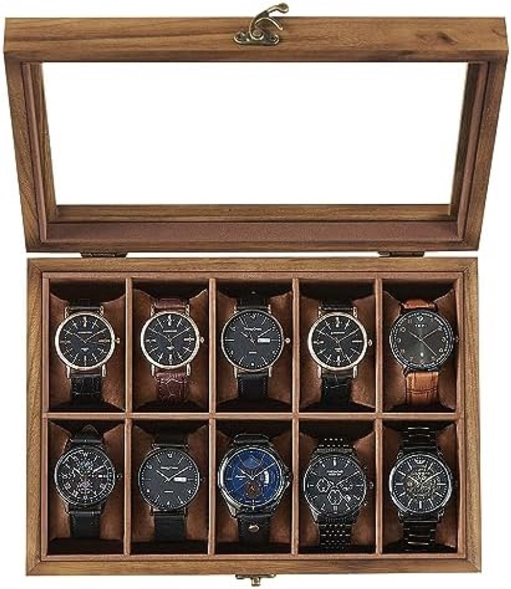 PromoHome Horloge Display Doos met 10 Vakken - Houten Organizer met Glazen Deksel