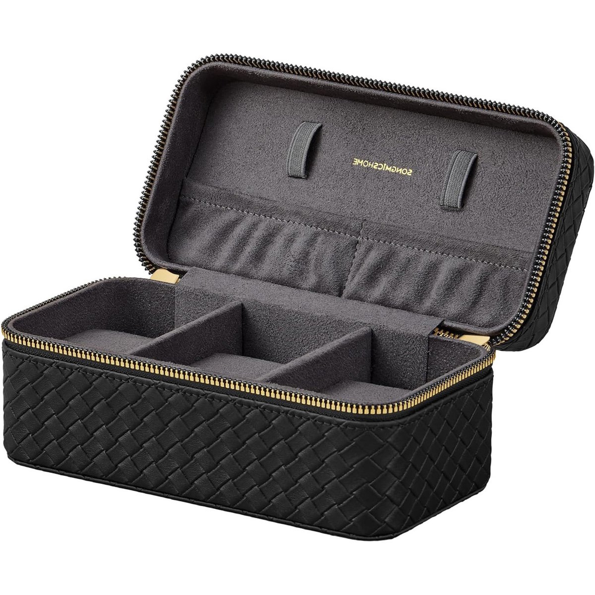 Horlogereisset, 3-vaks horlogebox 10×20×9 cm zwart+grijs, geweven reliëf PU-leer, zachte suède voering, veiligheid rits, geschikt voor zakenreizen en vakantie