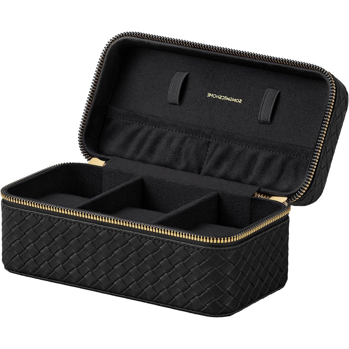 Horlogereisset, 3-vaks horlogebox 10×20×9 cm zwart, geweven reliëf PU-leer, zachte suède voering, veiligheid rits, geschikt voor zakenreizen en vakantie
