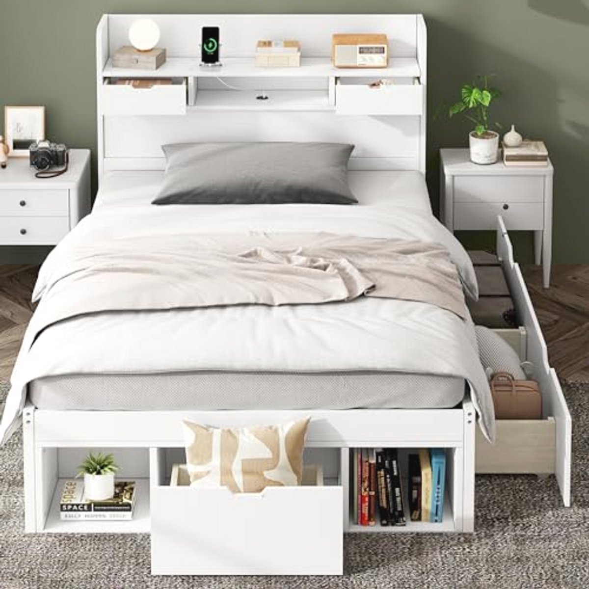 Multifunctioneel Eenpersoonsbed 90x200 met USB-poort en Opbergmogelijkheden