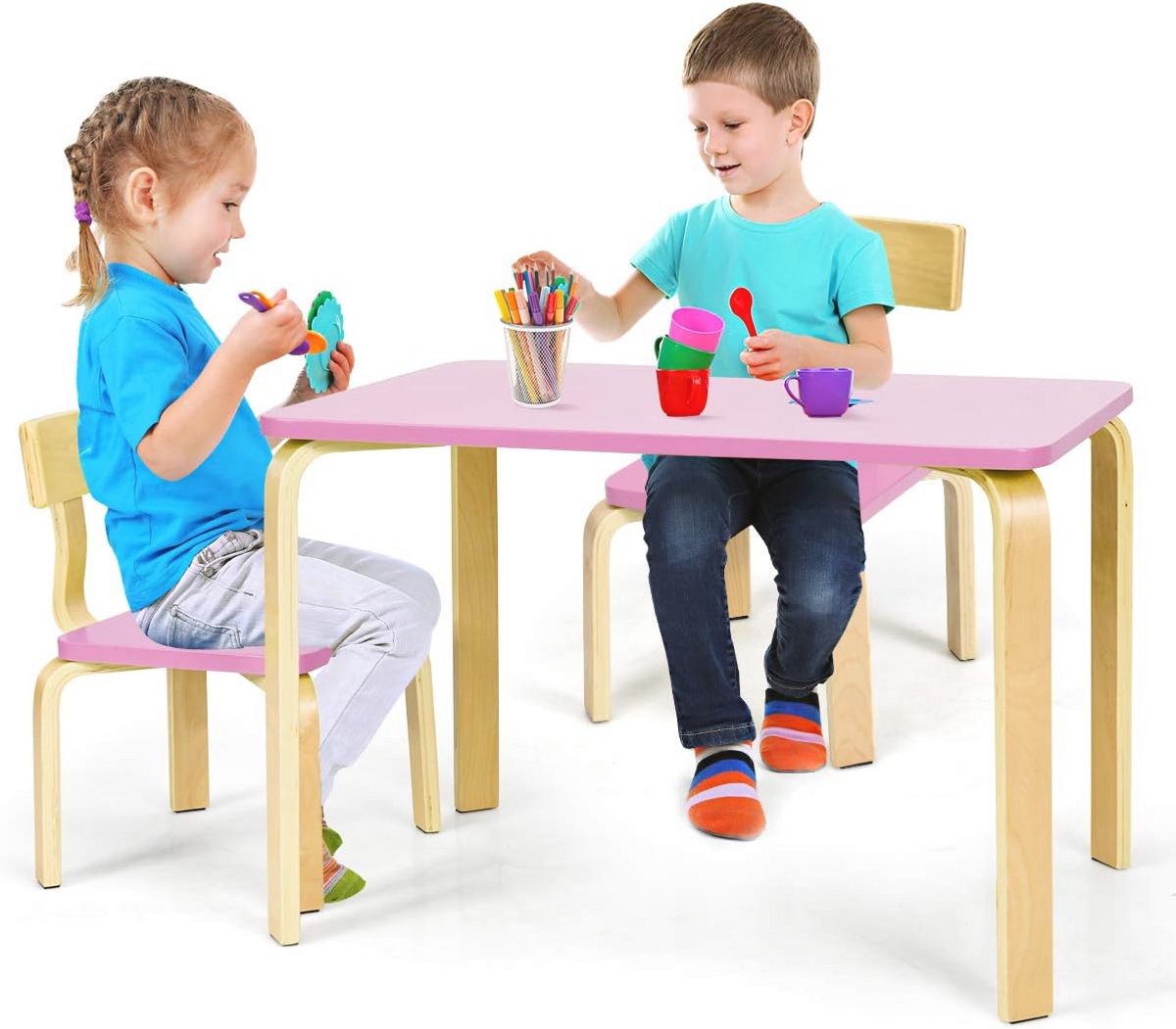 Kindertafelset met 2 Stoelen voor Kids - Multifunctionele Kindermeubels voor Speelkamer en Kamers (Roze/Natuur)