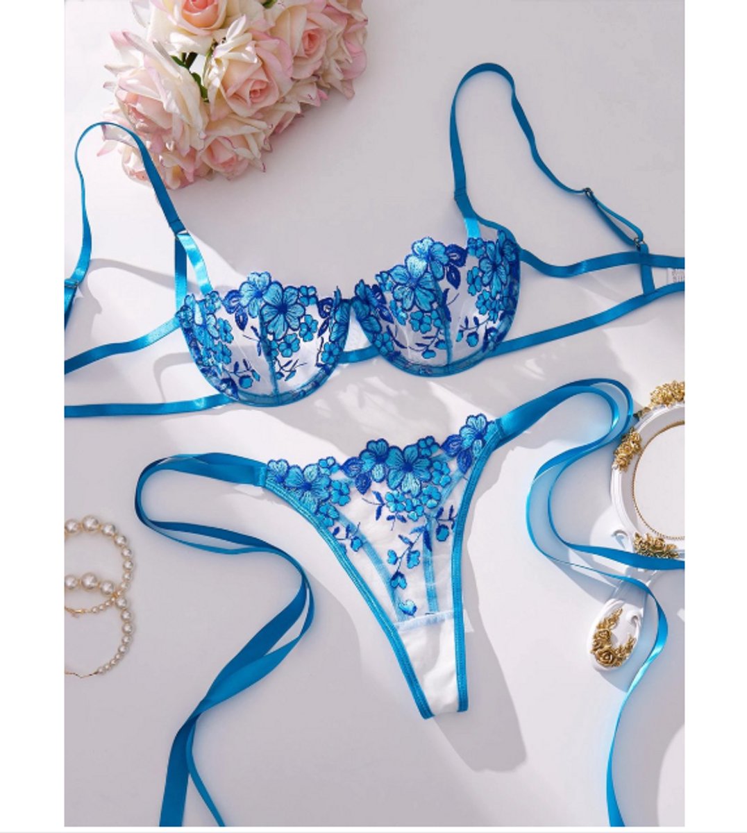 Dames Bloemige Borduursel Lingerie Set - Verleidelijke Satijnen Bh en String Ondergoed Set, Transparante Sexy Lingerie, Intiemen Set voor Vrouwen - Maat Small