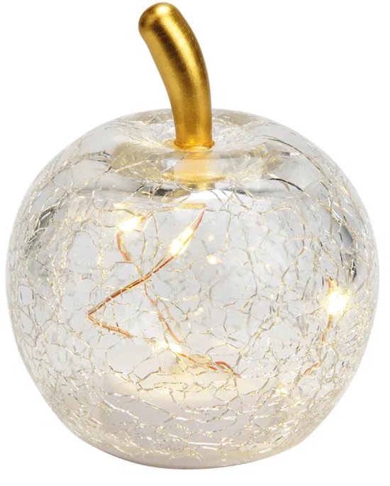 Pomme avec 5 LED en verre transparent (L/H/P) 7 x 9 x 7 cm avec minuterie, pile CR2032 non incluse