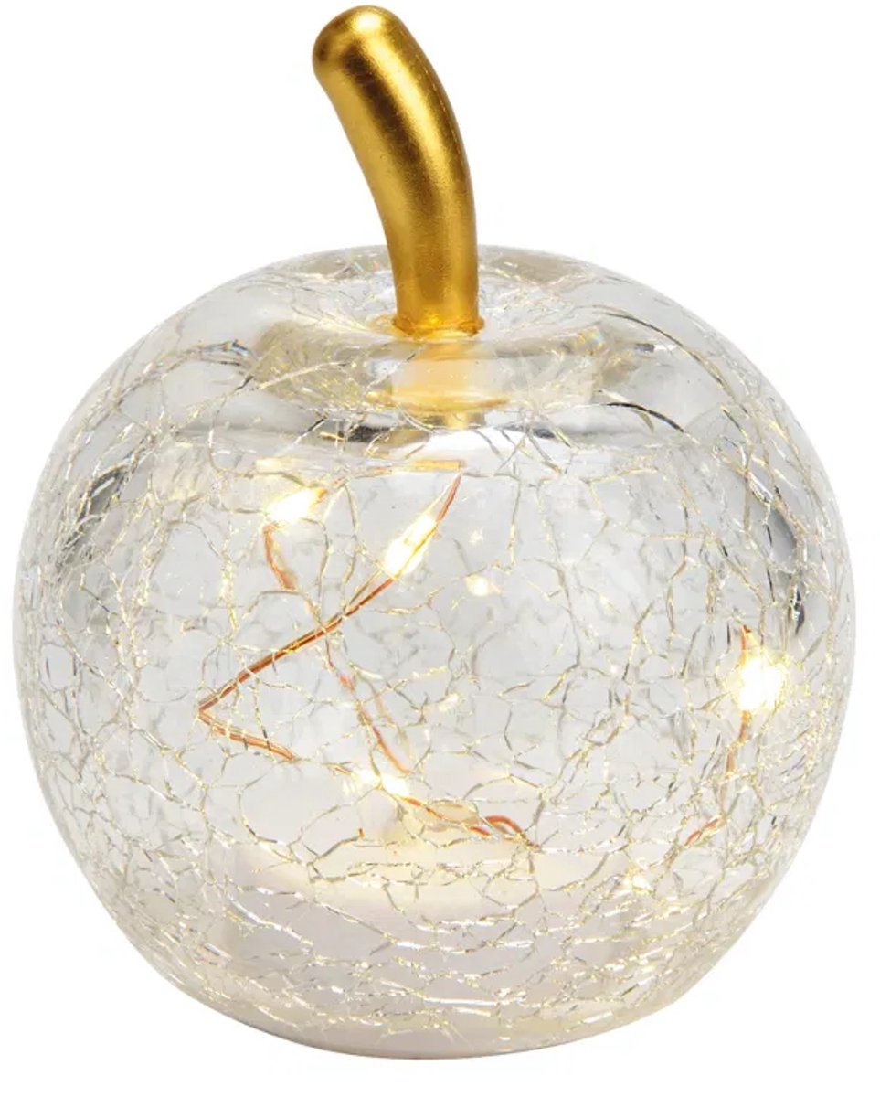 Appel met 5 LED's van transparant glas (B/H/D) 7x9x7cm met timer, batterij CR2032 niet inbegrepen