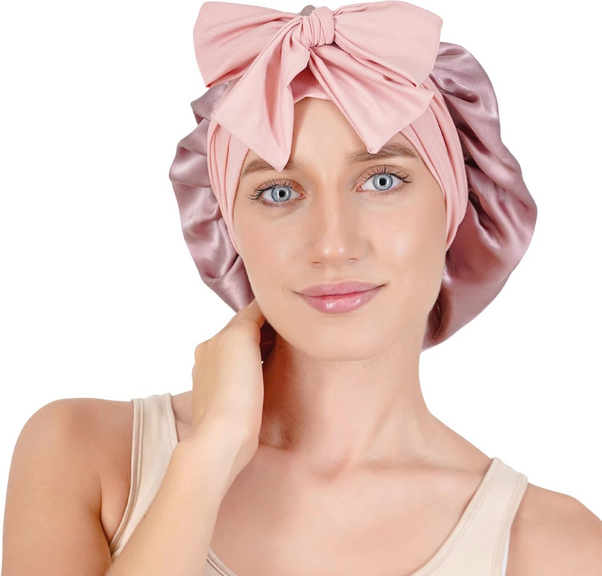 Zijde Slaapmuts voor Perfect Haar - 100% Mulberry Zijde, Ademend en Dubbel Laags - Ideaal voor Lang en Krullend Haar, Brede Zweetband, Poederroze