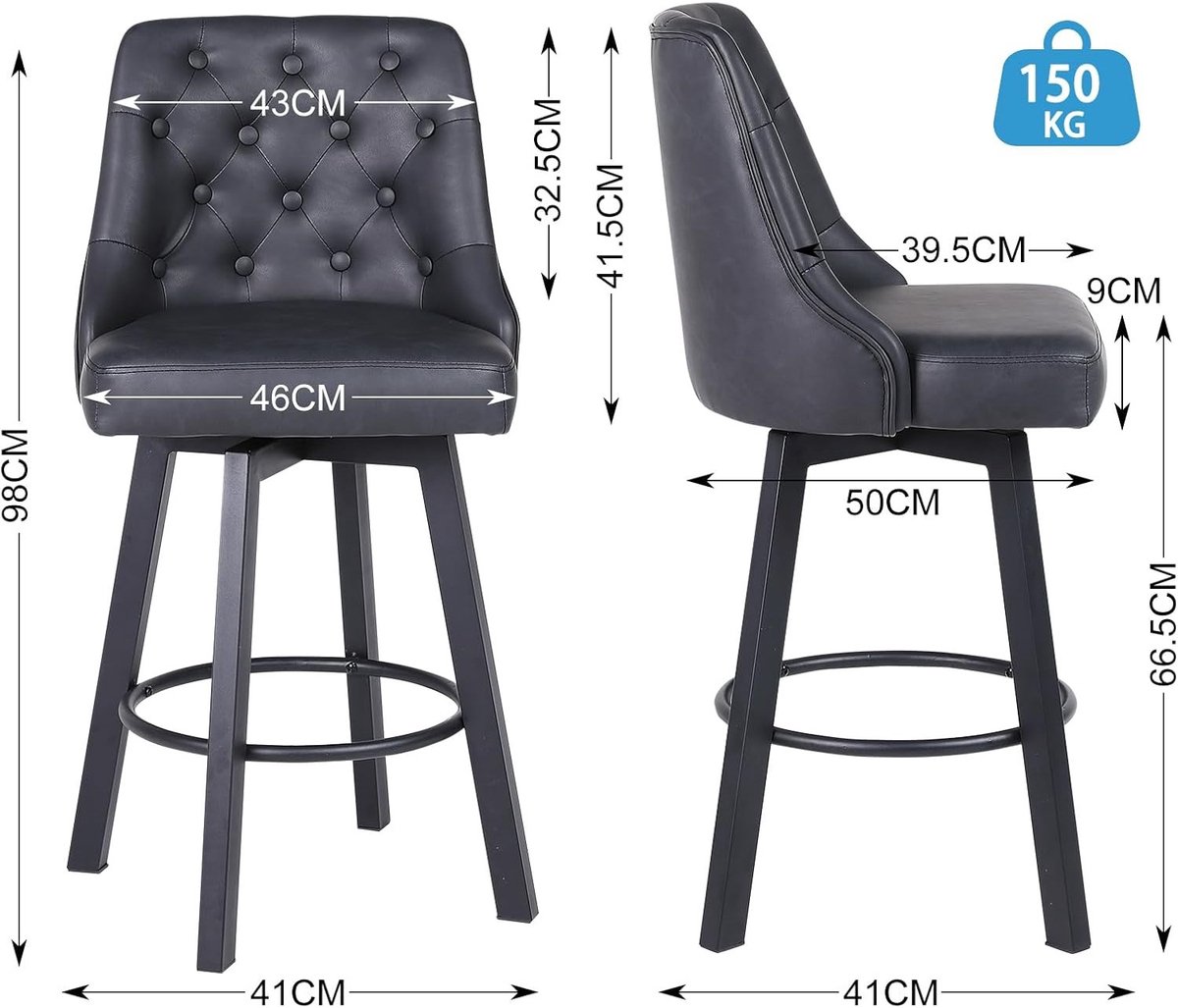 Set van 2 Design Barkrukken met Rugleuning - Barkrukken 360° – Hoogte Zitting - Medahomestore