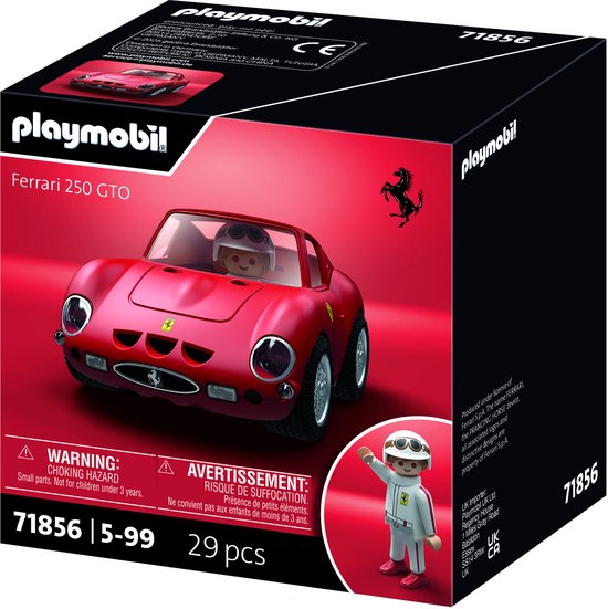 Playmobil Ferrari 250 GTO speelgoedauto met figuur, op rode achtergrond.