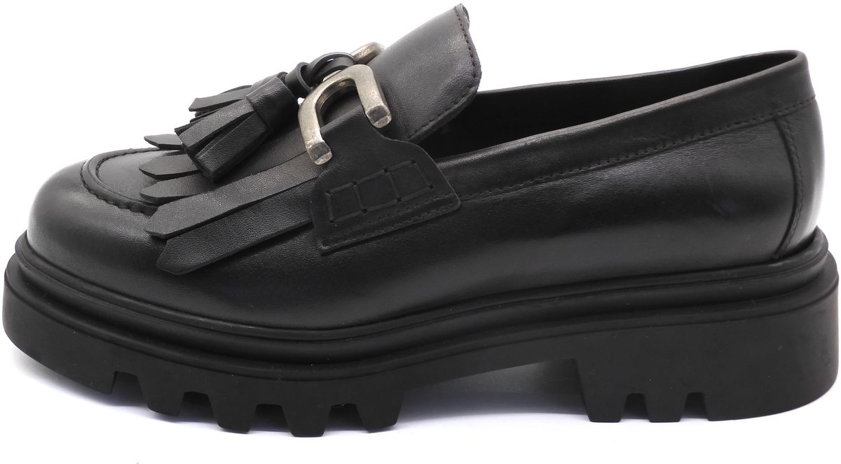 Dames Loafers Echt Leer – Zwarte Chunky Zool – Elegante Fringes & Gesp – Comfortabele Instappers