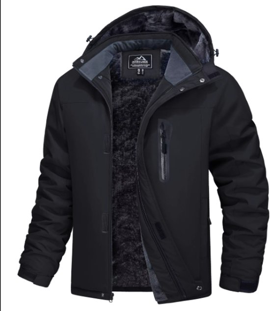 Veste noire à capuche avec doublure intérieure en polaire grise chaude. Fermeture éclair sur le devant.