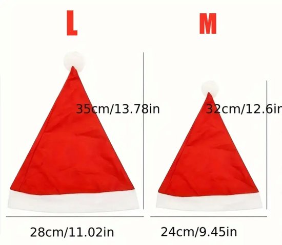 Twee rode kerstmutsen met witte randen, formaat L (35 cm hoog) en M (32 cm hoog), met afmetingen.