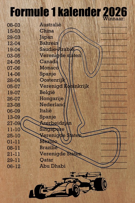 Formule 1 wandbord 20 x 30cm - Kalender 2026 - Mogelijkheid winnaars in te vullen! - Max Verstappen - FIA race - F1