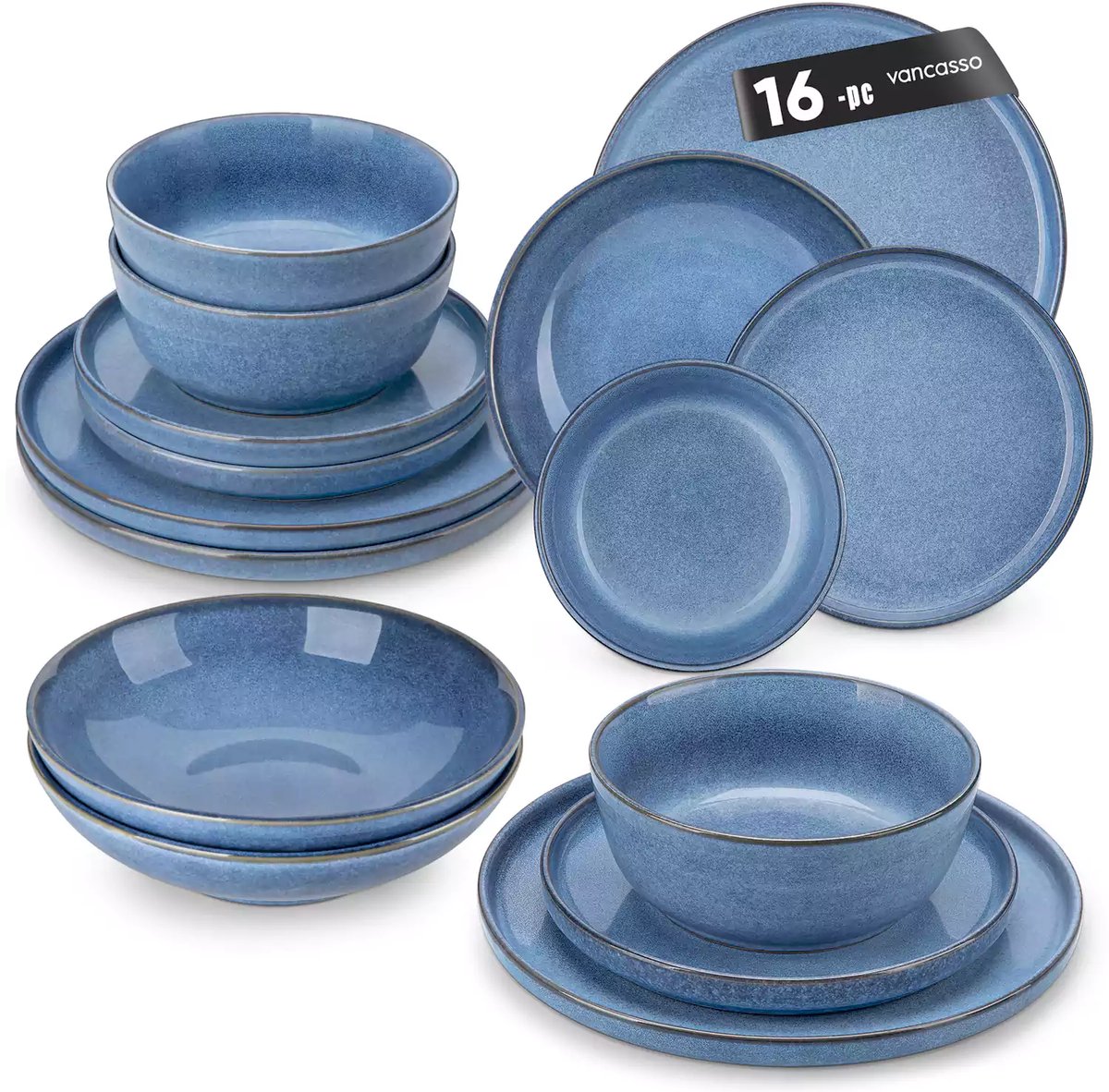 Luxe Serviesset – 16 delig – 4 persoons – Steengoed - Bordenset – Dinner platen – Dessertborden - Kommen - Pastabord - Blauw