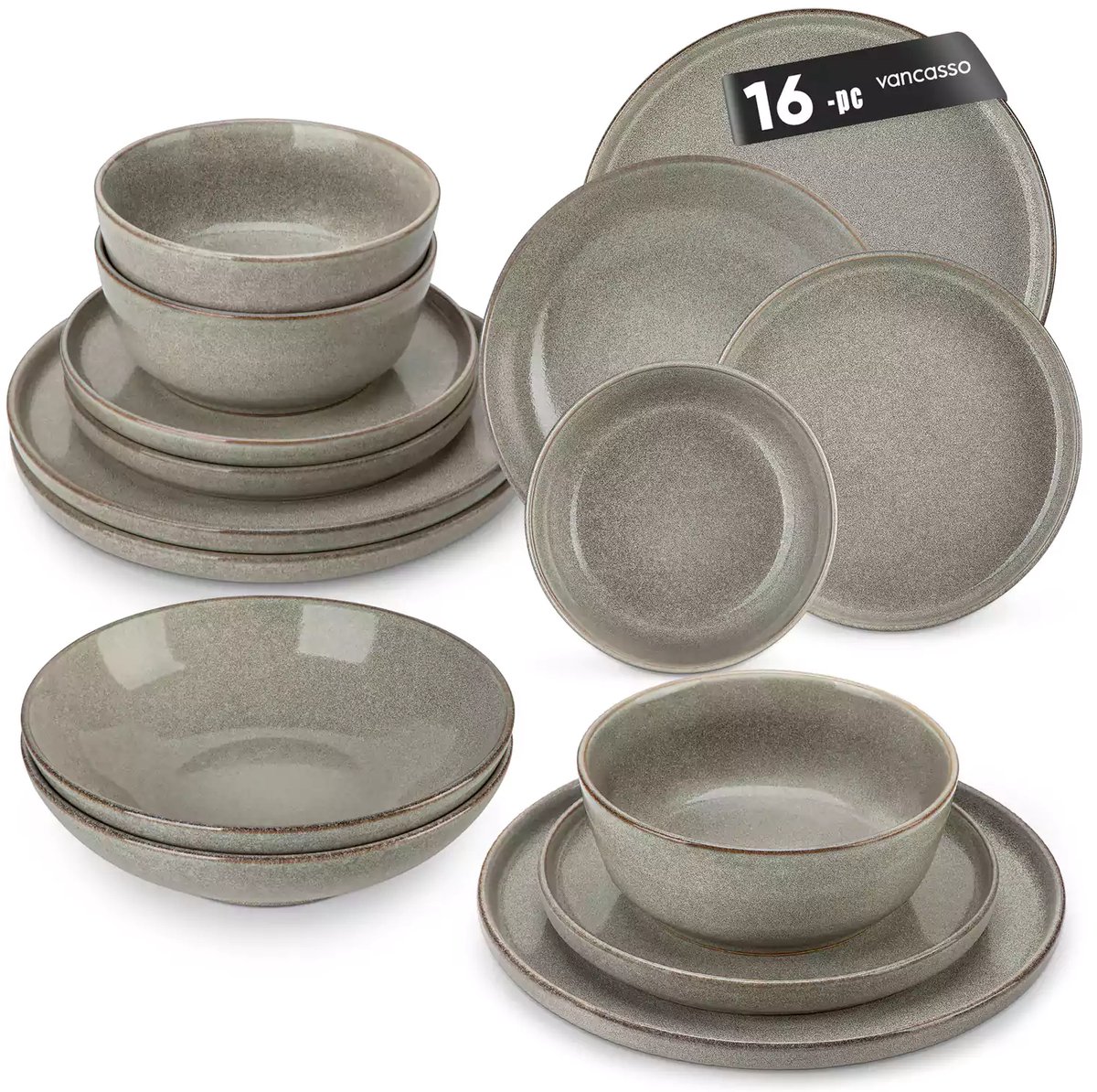 Luxe Serviesset – 16 delig – 4 persoons – Steengoed - Bordenset – Dinner platen – Dessertborden - Kommen - Pastabord - Grijs