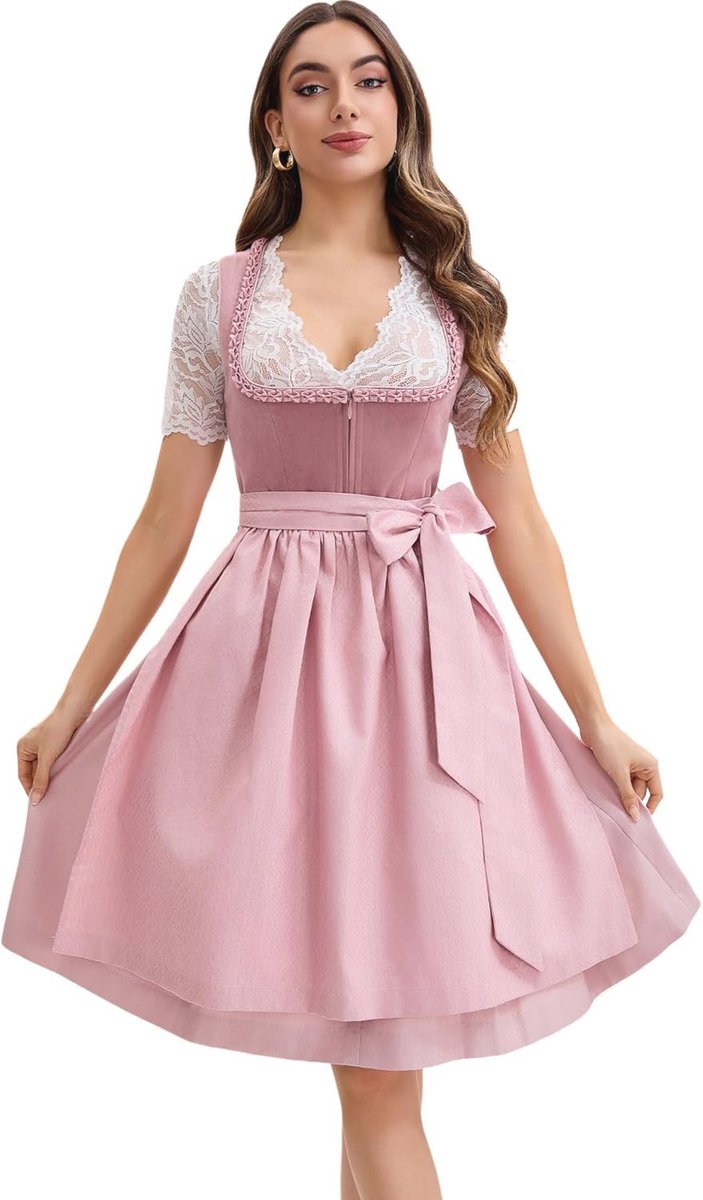 Midi Dirndl Dames van Fluweel met Schort voor Oktoberfest - Maten 34-44, Roze