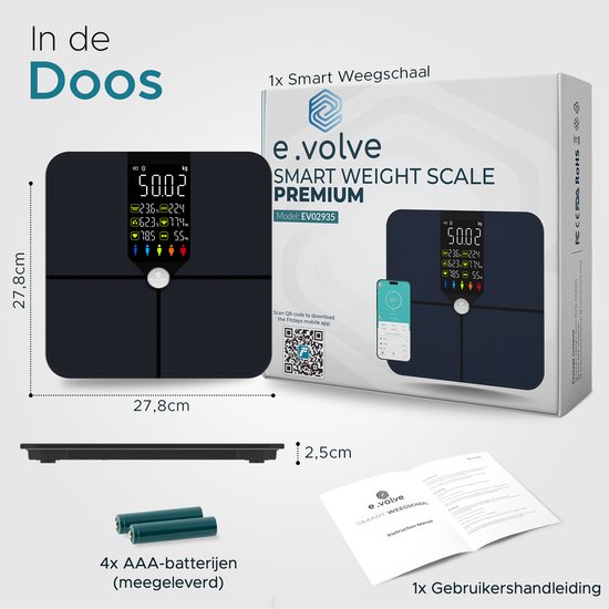 e.volve S9 Weegschaal Personenweegschaal Digitaal - Slimme Weegschaal met 22x Lichaamsanalyse - Digitale Weegschaal - Incl. App
