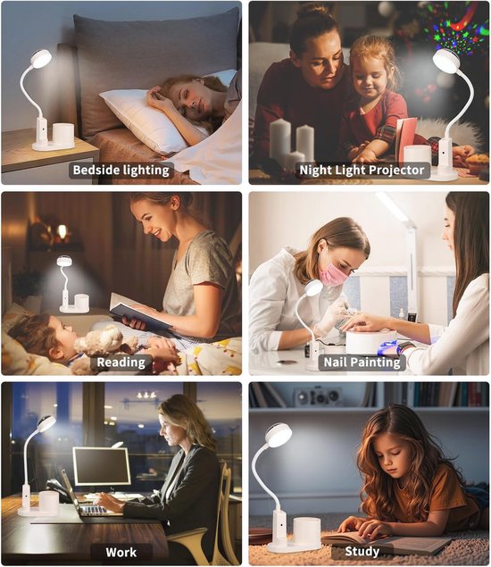 LED Bureau Lamp voor Kinderen met Sterrenprojectie - Draadloze Tafel Lamp met Pennenhouder en Oplaadbare Leeslamp — afbeelding 4