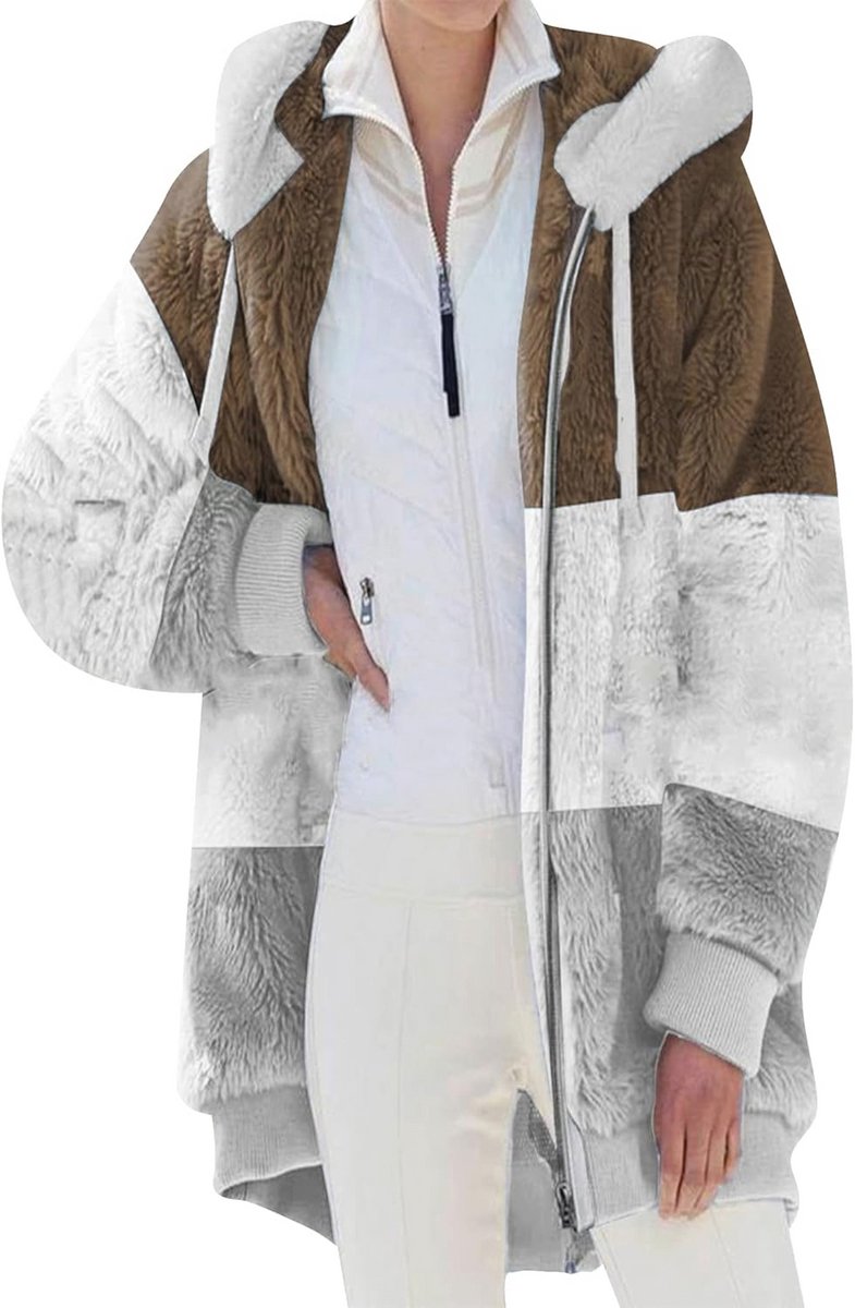 Casual Dames Fuzzy Fluffy Hoodie - Warme Effen Kleur Zip Jas met Zakken