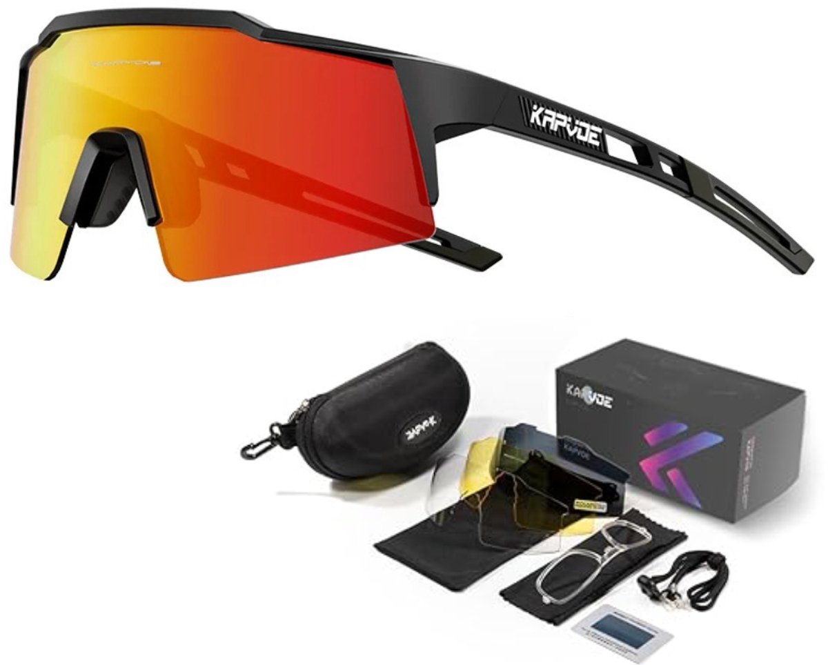KAPVOE Sport Zonnebril - COMPLETE SET - 4 GLAZEN - Fietsbril - Sportbril - Mountainbike - Wielren - Ski - Wintersport - Polariserend - UV 400 - Nachtbril - Frame voor Zonnebril op Sterkte - Hoesje -Brillenkoker - Dames Heren - Zwart Rood