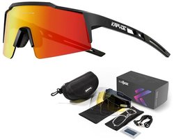 KAPVOE Sport Zonnebril - COMPLETE SET - 4 GLAZEN - Fietsbril - Sportbril - Mountainbike - Wielren - Ski - Wintersport - Polariserend - UV 400 - Nachtbril - Frame voor Zonnebril op Sterkte - Hoesje -Brillenkoker - Dames Heren - Zwart Rood