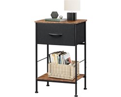 Nachtkastje, bijzettafel met stoffen lade en plank, nachtkastje slaapkamer met metalen frame, voor woonkamer, vintage bruin-zwart, HMTM-ASNG512