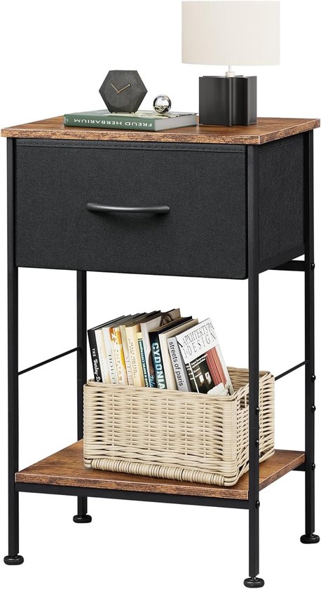 Nachtkastje, bijzettafel met stoffen lade en plank, nachtkastje slaapkamer met metalen frame, voor woonkamer, vintage bruin-zwart, HMTM-ASNG512