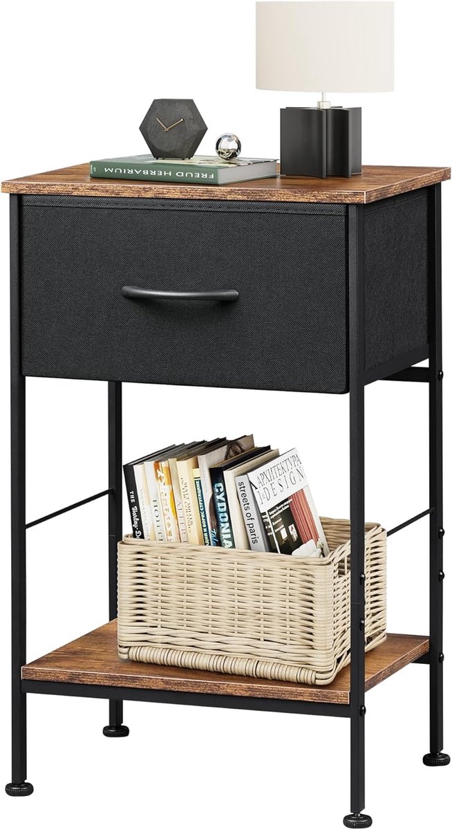 Nachtkastje, bijzettafel met stoffen lade en plank, nachtkastje slaapkamer met metalen frame, voor woonkamer, vintage bruin-zwart, HMTM-ASNG512