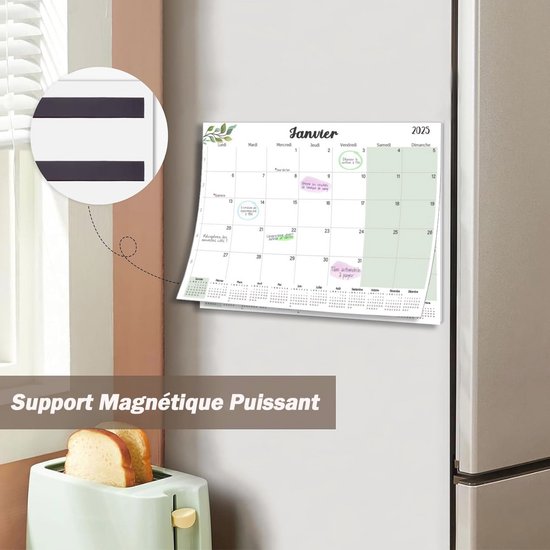 Magnetische koelkastkalender met groene bladeren, maand "Janvier", bevestigd aan een koelkast.