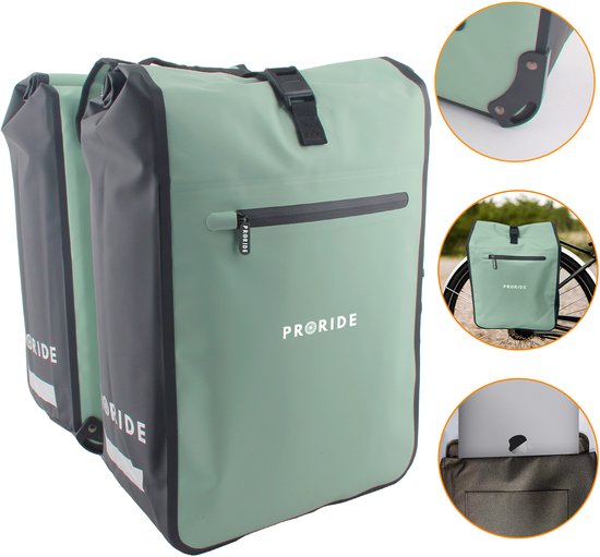 Dubbele Fietstas Proride Rolltop - 100% Waterdicht E-bike - 40 Liter - Fietstassen Electrische Fietsen - Geschikt voor MIK adapter - Bagagedrager - Groen