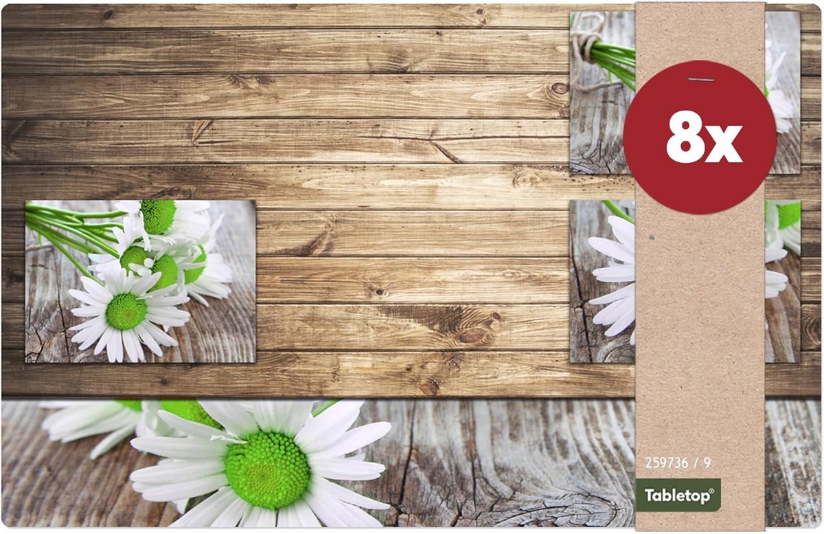 Set van 8 Placemats Bloemen Houtlook - Afwasbaar Tafelmatje 43,5x28,5 cm