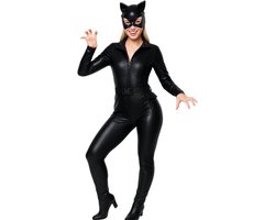 Joya Party® Cat kostuum Volwassenen | Zwarte stretch catsuit met masker en riem | Verkleedpak Halloween & Carnaval Dames | Sexy kattenpak | Catgirl jumpsuit Verkleed Kostuum | Maat S