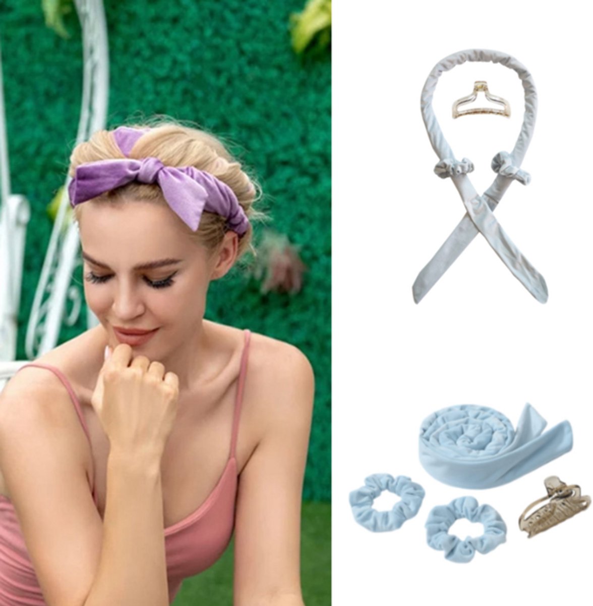 4-delige hittevrije krulset - Heatless Curls - Haarrollers - Krultang - Met haarelastiekjes en clips - Flanel - Blauw