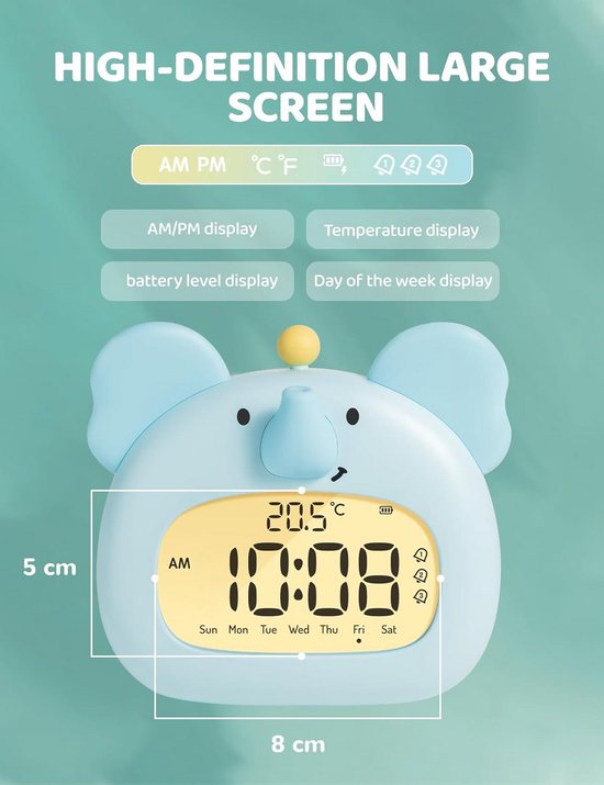 Digitale Kinderwekker met Nachtlampje, Oplaadbaar, 3 Alarmen, Weekendmodus en Temperatuurweergave — afbeelding 5