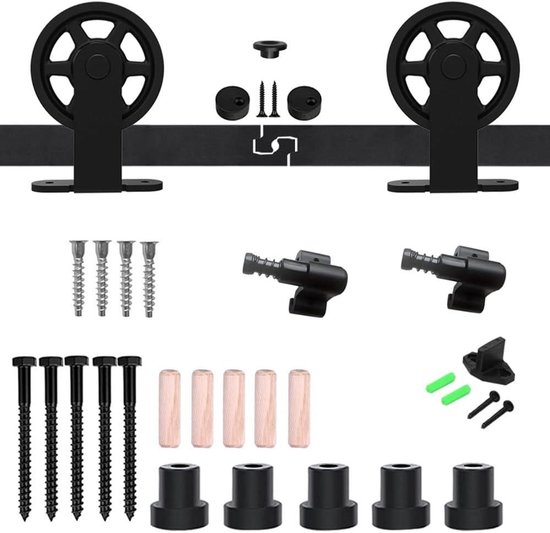 EGTink Schuifdeur Railset – 200 Cm, Mat Zwart, Draagvermogen 150 Kg, Voor Houten Schuifdeuren Tot 4,5 Cm Dikte, Inclusief Geleiderails