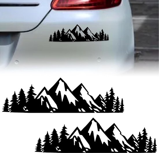 Autocollant noir de chaîne de montagnes et de pins, présenté à l'arrière d'une voiture.
