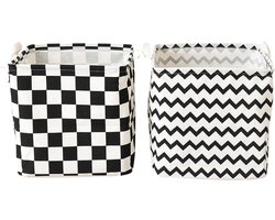 2x opvouwbare Wasmand - vierkant/kubus - zwart wit geblokt - katoen - 35x35x35CM