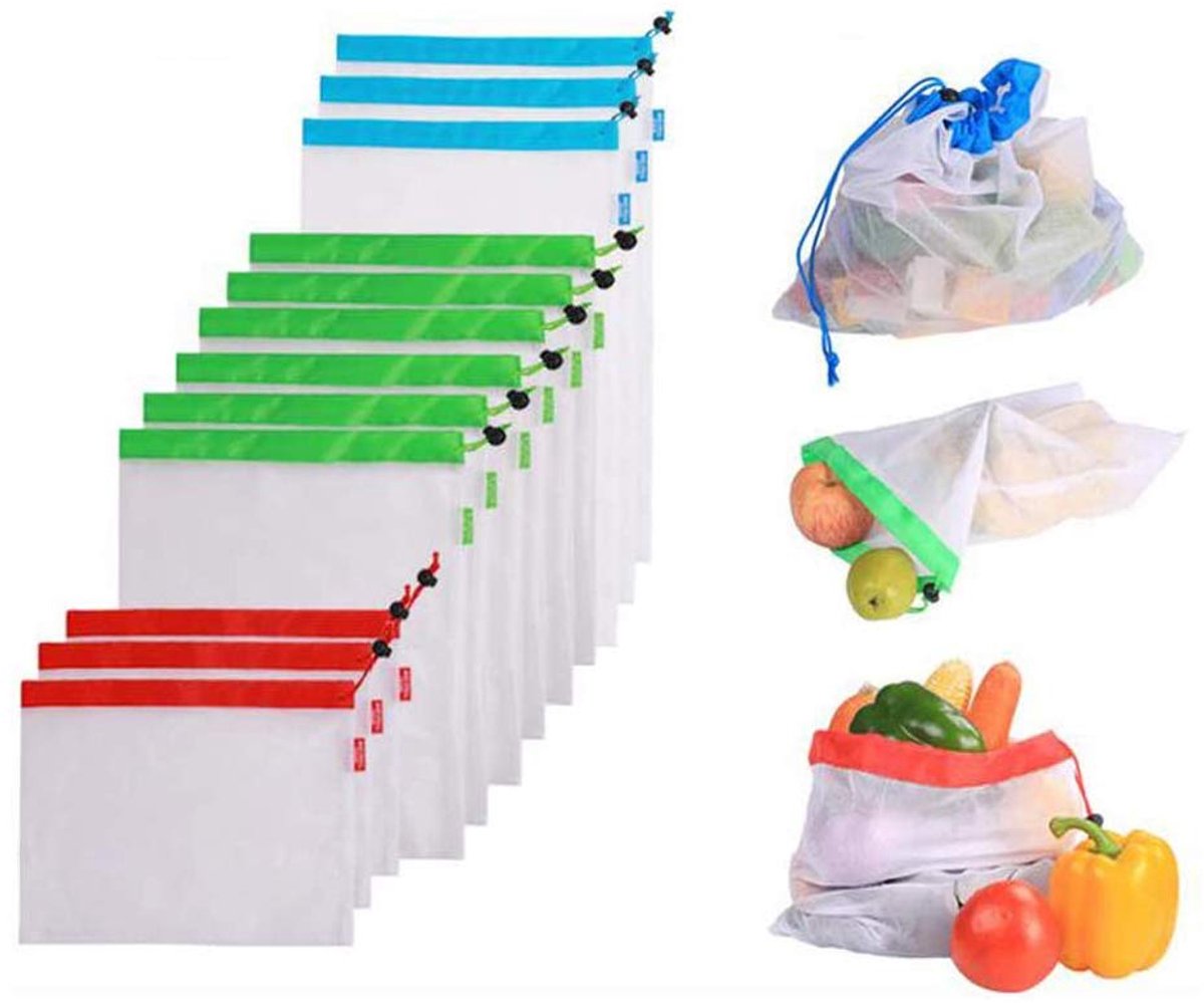 IMPERATORIS® Groente- en Fruitzakjes - Herbruikbare Verszakjes - Mesh Zakjes met Trekkoord - Wasbaar en Duurzaam - Milieuvriendelijk - Set van 12 - transparente