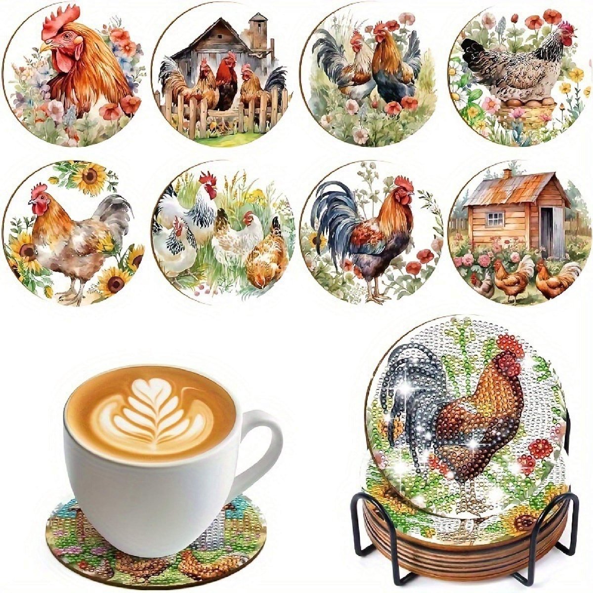 VDTOYS® DIAMOND PAINTING voor volwassenen - KIPPEN - Onderzetters - Coasters - Onderleggers - Ronde steentjes - 8 stuks - Compleet Hobbypakket - set AQ 337A KIPPEN